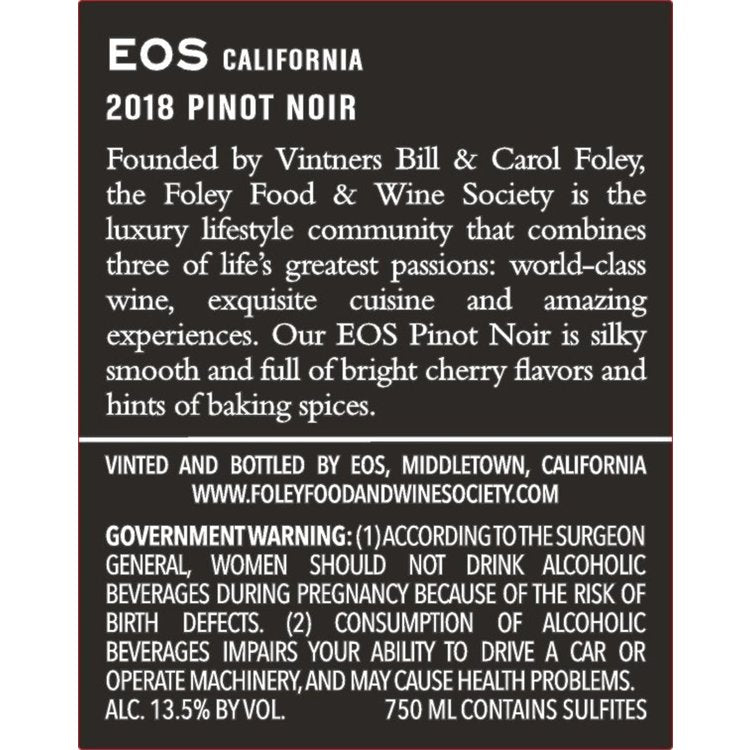 Eos Pinot Noir California - 750ML - Back Label