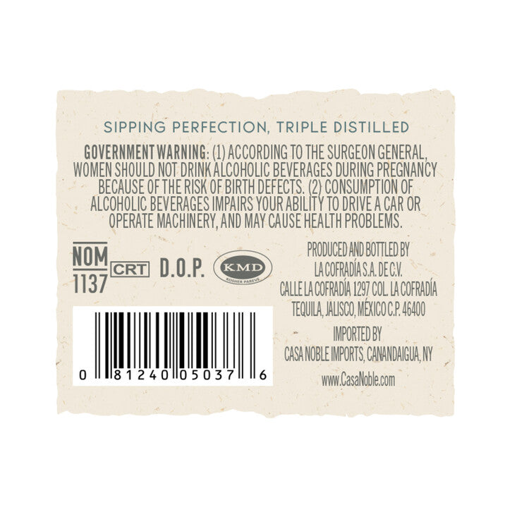 Casa Noble Tequila Blanco Crystal 80 - 750ML - Back Label