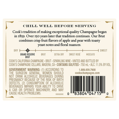Cook's Brut Grand Reserve Champagne California - 750ML - Back Label