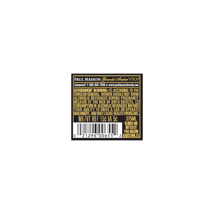 Paul Masson Brandy Grande Amber Vsop 4 Yr 80 - 375ML - Back Label