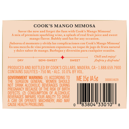 Cook's Sparkling Mango Mimosa Flavored Wine - 750ML - Back Label