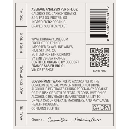 Avaline Pinot Noir France Made With Organic Grapes - 750ML
