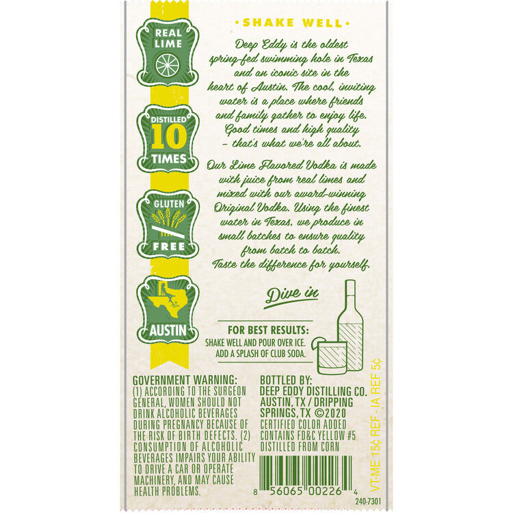 Deep Eddy Lime Flavored Vodka 70 - 1.0L - Back Label