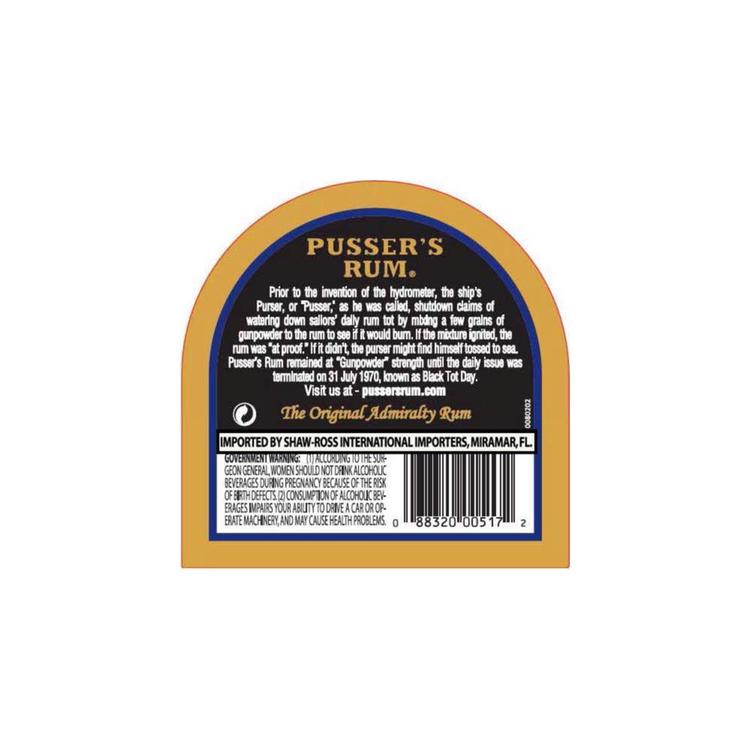 Pusser's Navy Rum Gunpowder Proof Original Admiralty Strength 109 - 750ML - Back