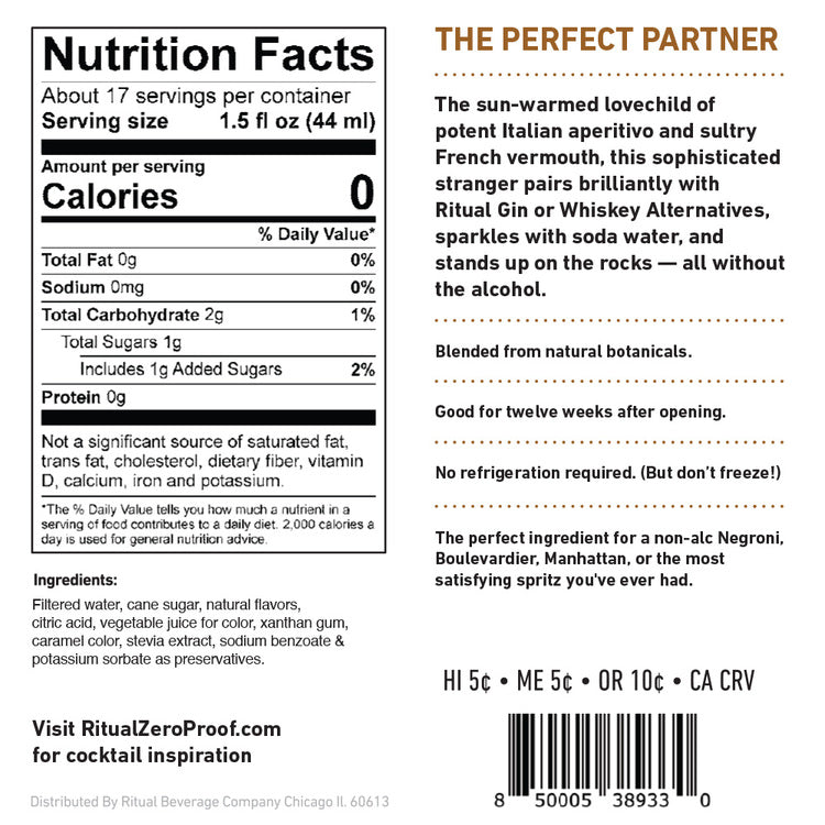 Ritual Zero Proof Aperitif Alternative Non-Alcoholic Spirit - 750ML - Back Label