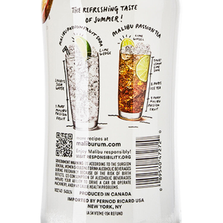Malibu Passion Fruit Flavored Rum 42 - 750ML - Back Label