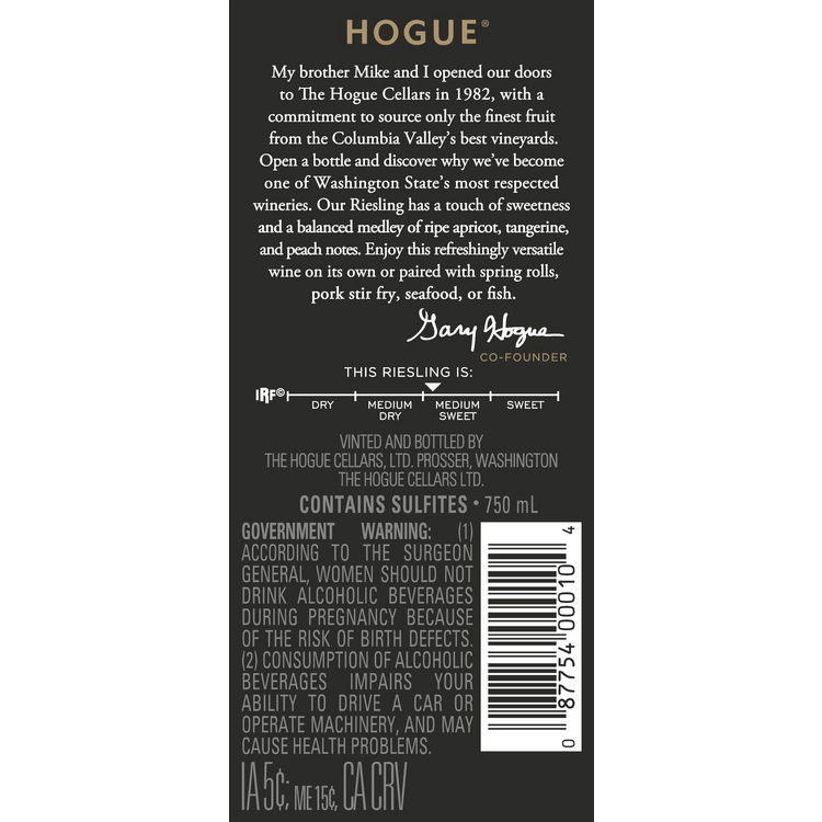 The Hogue Cellars Riesling Columbia Valley - 750ML - Back Label