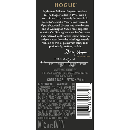 The Hogue Cellars Riesling Columbia Valley - 750ML - Back Label