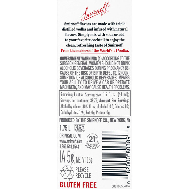 Smirnoff Watermelon Flavored Vodka 60 - 1.75L - Back Label
