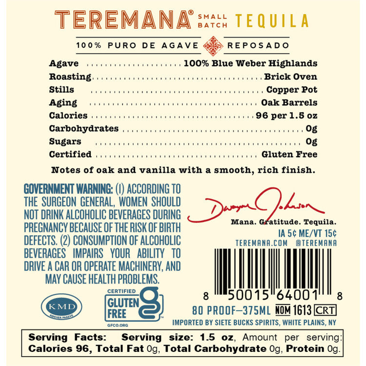 Teremana Tequila Reposado Small Batch 80 - 375ML - Back Label