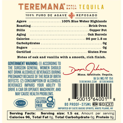 Teremana Tequila Reposado Small Batch 80 - 375ML - Back Label