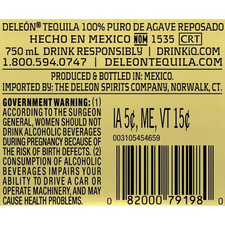 Deleon Tequila Reposado 80 - 750ML - Back Label