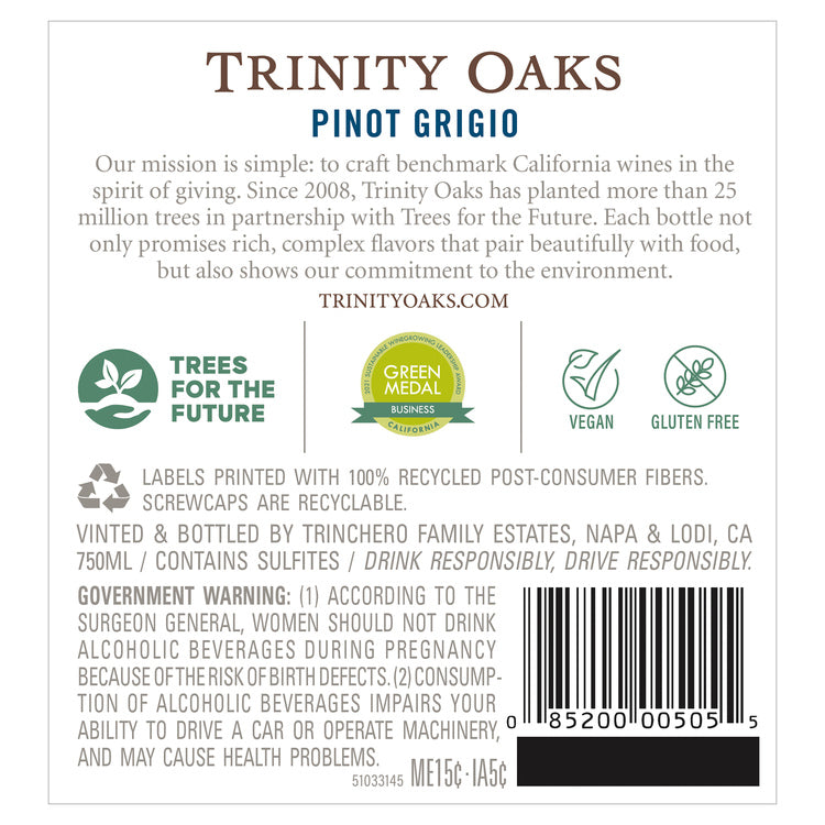 Trinity Oaks Pinot Grigio California - 750ML - Back Label