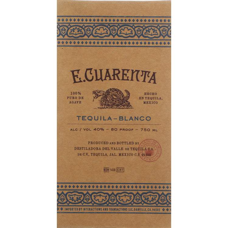 E. Cuarenta Tequila Blanco 80 - 750ML - Front Label