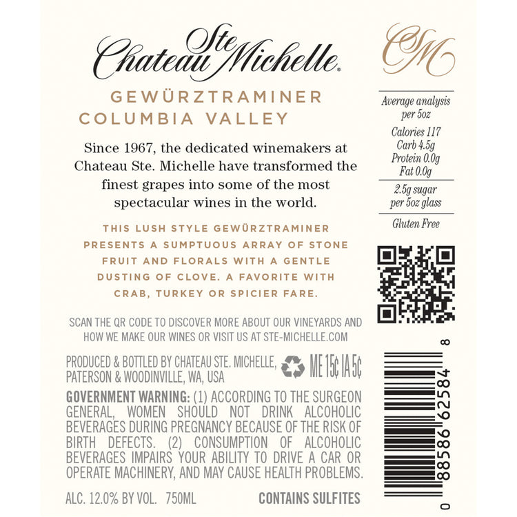 Chateau Ste. Michelle Gewurztraminer Columbia Valley - 750ML - Back Label
