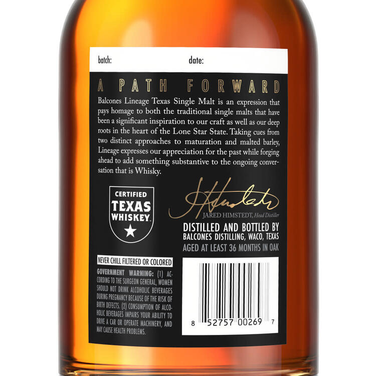 Balcones Texas Single Malt Whisky Lineage 94 - 750ML - Back Label