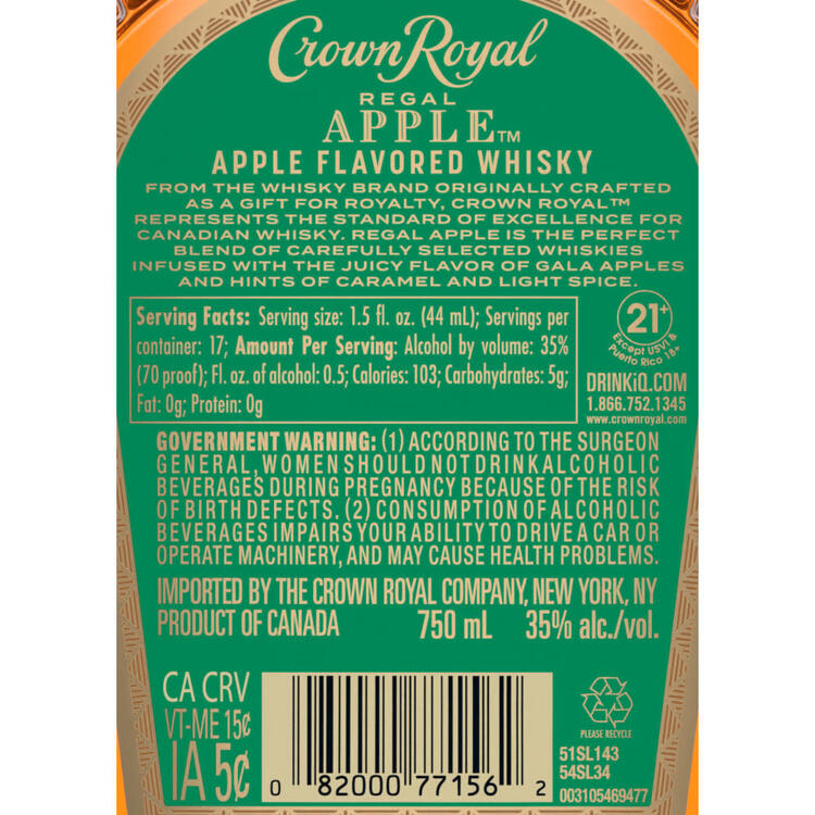 Crown Royal Apple Flavored Whiskey Regal Apple 70 - 750ML - Back Label