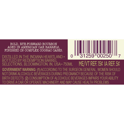 Redemption Straight Bourbon Finished In Cognac Casks Cask Series Batch - 750ML - Back