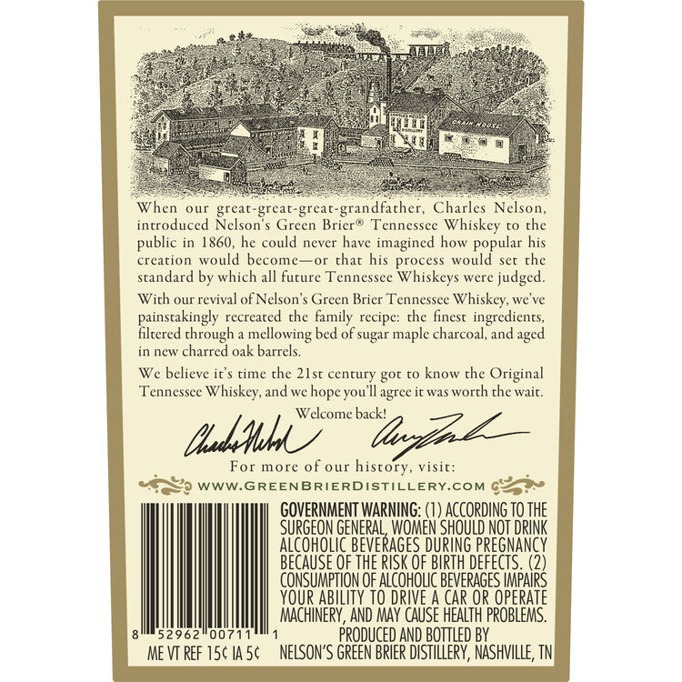 Nelson's Green Brier Tennessee Whiskey Hand Made Sour Mash 91 - 375ML - Back Label