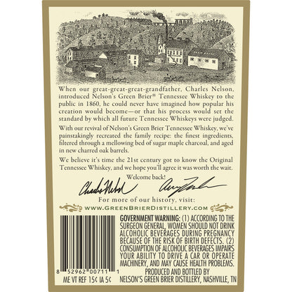 Nelson's Green Brier Tennessee Whiskey Hand Made Sour Mash 91 - 375ML - Back Label