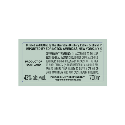 The Glenrothes Single Malt Scotch 15 Yr 86 - 700ML - Back Label