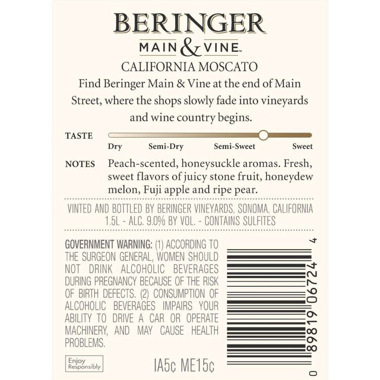 Beringer Main & Vine Moscato California - 1.5L - Back Label