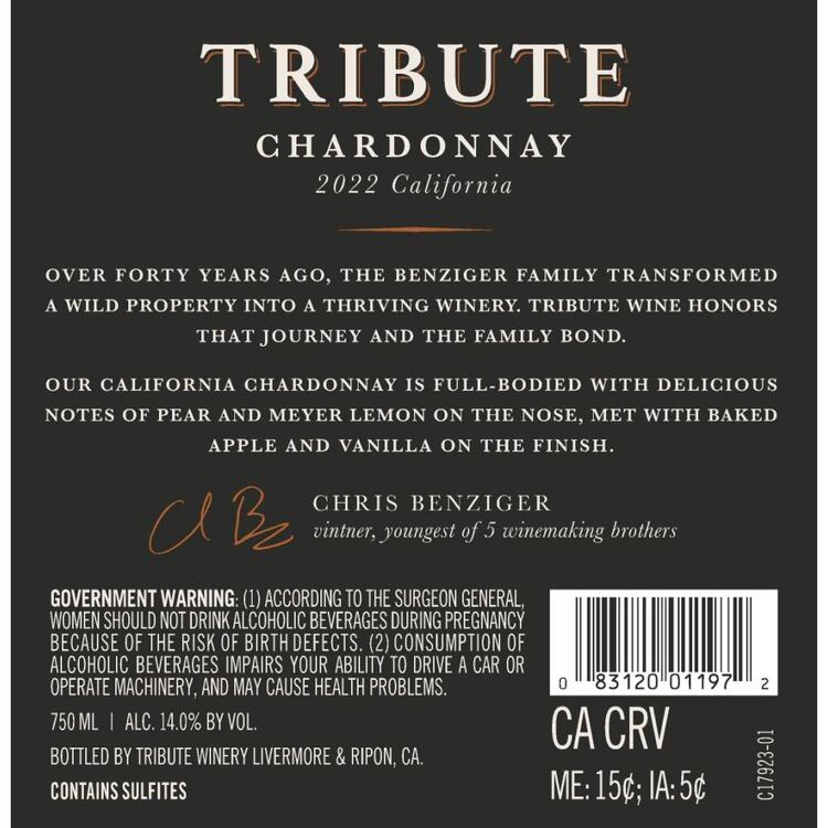 Tribute Chardonnay Monterey County - 750ML - Back