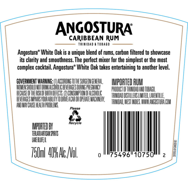 Angostura Light Rum White Oak 80 - 750ML - Back Label