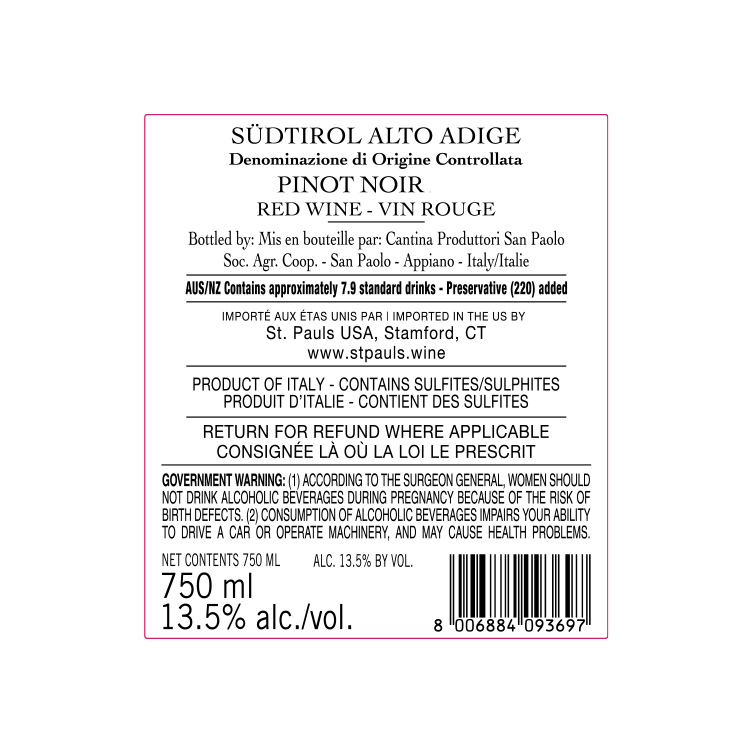 St. Pauls Pinot Noir Luzia Alto Adige - 750ML - Back Label