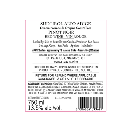 St. Pauls Pinot Noir Luzia Alto Adige - 750ML - Back Label