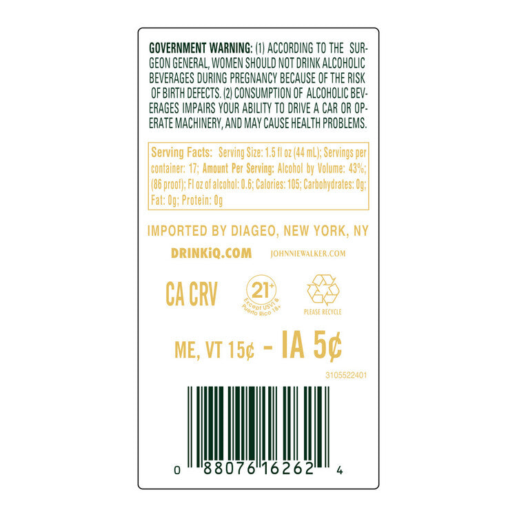 Johnnie Walker Blended Malt Scotch Green Label 15 Yr 86 - 750ML - Back Label