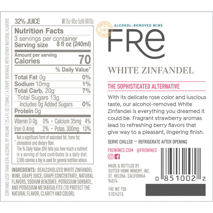 Fre White Zinfandel Alcohol Removed - 750ML - Back Label