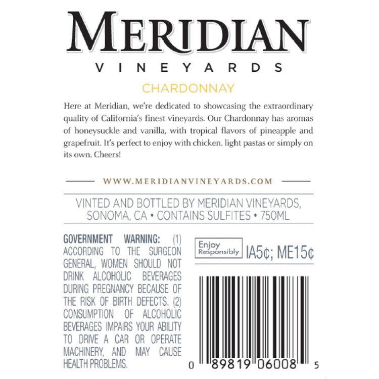 Meridian Vineyards Chardonnay California - 750ML - Back Label