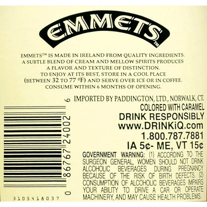 Emmets Irish Cream Liqueur 34 - 1.75L - Back Label