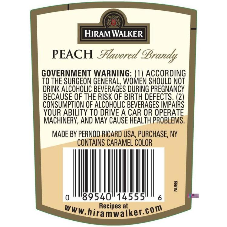 Hiram Walker Peach Flavored Brandy 60 - 750ML - Back Label