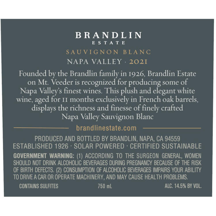 Brandlin Sauvignon Blanc Estate Napa Valley 2023 - 750ML - Back Label