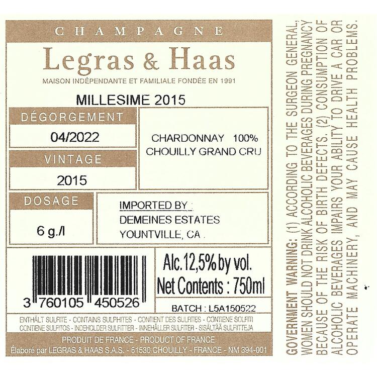 Legras & Haas Champagne Brut Blanc De Blancs Millesime Grand Cru 2015 - 750ML