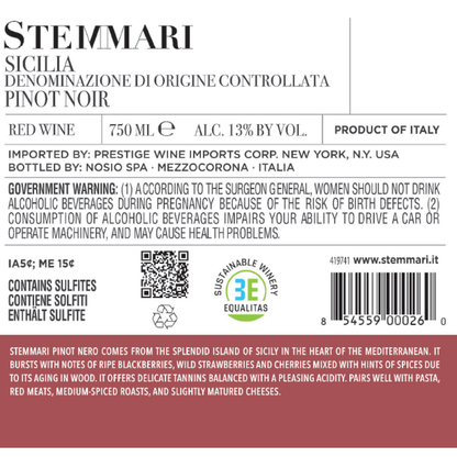 Stemmari Pinot Noir Sicilia - 750ML - Back Label