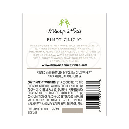 Menage A Trois Pinot Grigio California - 750ML - Back Label