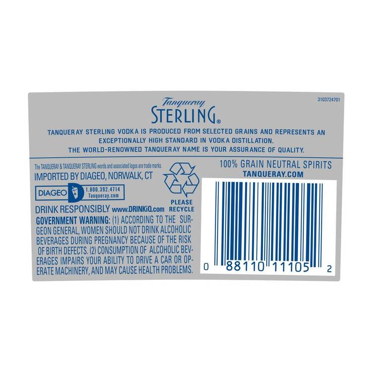 Tanqueray Vodka Sterling 80 - 750ML - Back Label