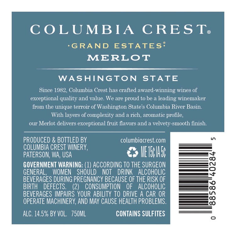 Columbia Crest Merlot Grand Estates Washington - 750ML - Back Label