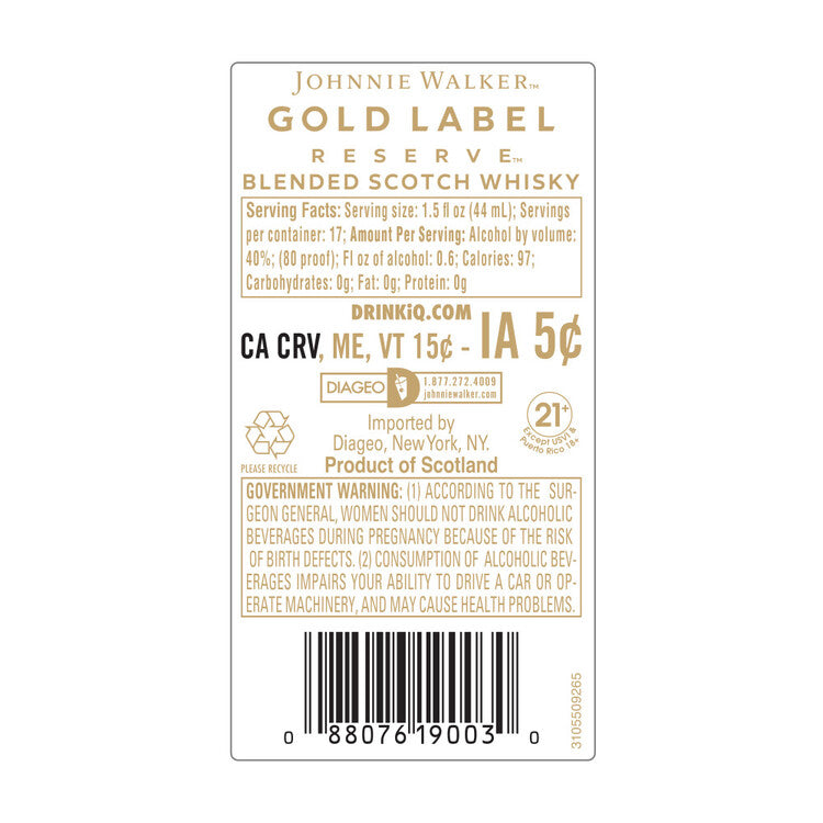 Johnnie Walker Blended Scotch Gold Label Reserve 80 - 750ML - Back Label