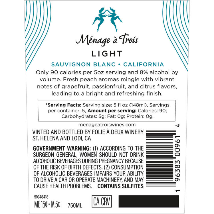 Menage A Trois Sauvignon Blanc Light California - 750ML - Back Label