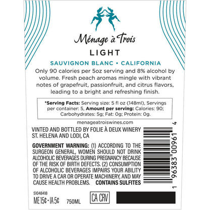 Menage A Trois Sauvignon Blanc Light California - 750ML - Back Label