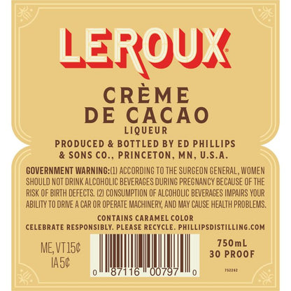 Leroux Creme De Cacao 30 - 750ML - Back Label