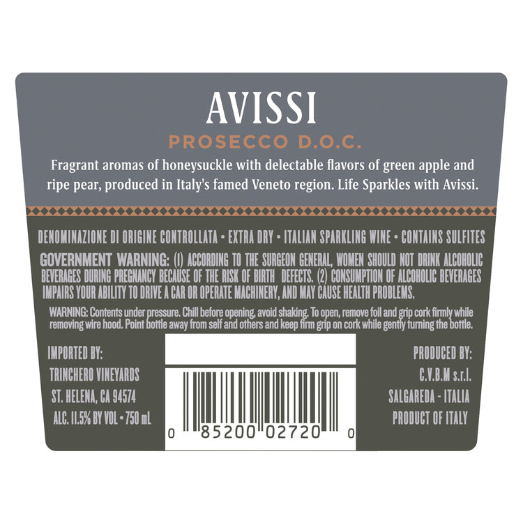 Avissi Prosecco Extra Dry - 187ML - Back Label
