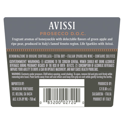 Avissi Prosecco Extra Dry - 187ML - Back Label