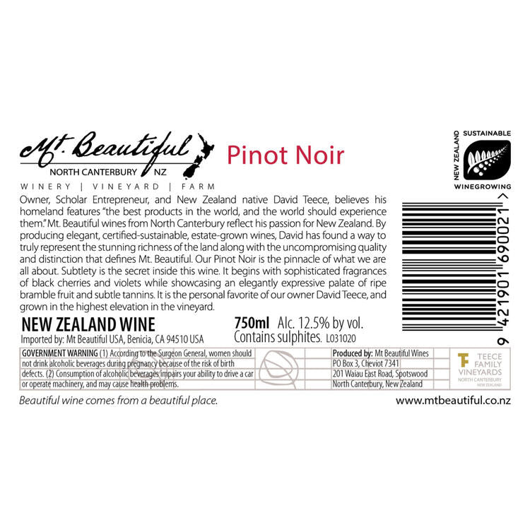 Mt. Beautiful Pinot Noir North Canterbury 2020 - 750ML - Back Label