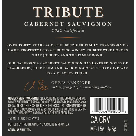 Tribute Cabernet Sauvignon California - 750ML - Back