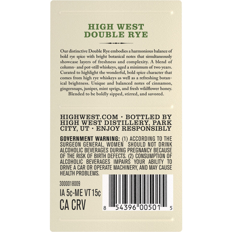 High West Rye Whiskey Double Rye! 92 - 375ML - Back Label
